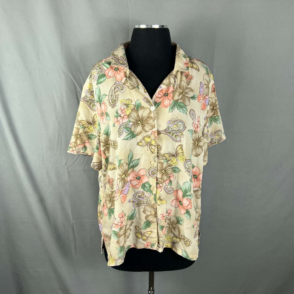 Bon Worth Hawaiian Shirt Womens Medium Petite Multi Floral Side Slit Button Up